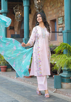 Juniper Onion Pink Embroidered Kurta Set with Aqua Floral Dupatta | Grocsy
