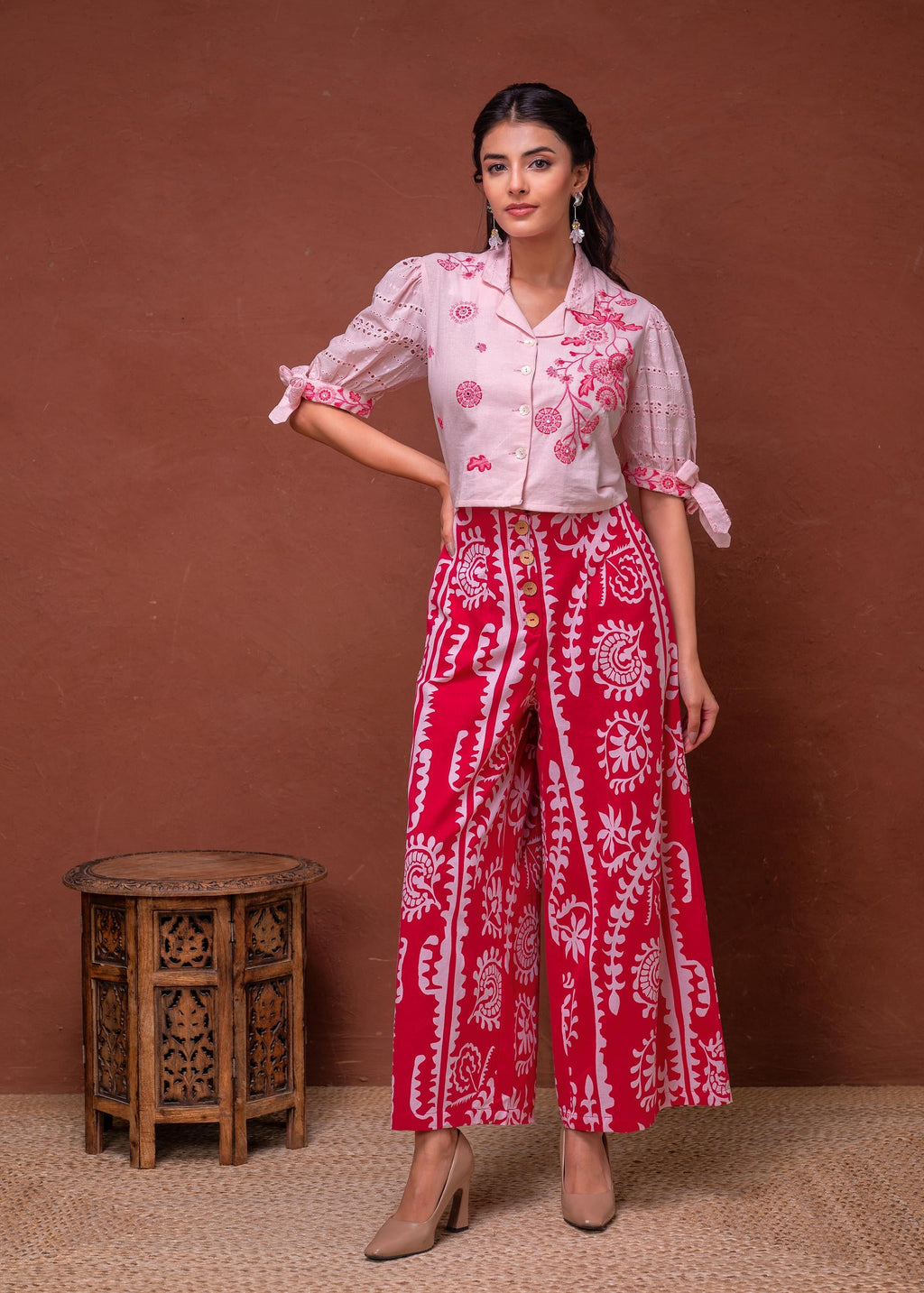 Juniper Embroidered Co-Ord Set With Eyelet Shirt And Printed Wide-Leg Pants | Grocsy