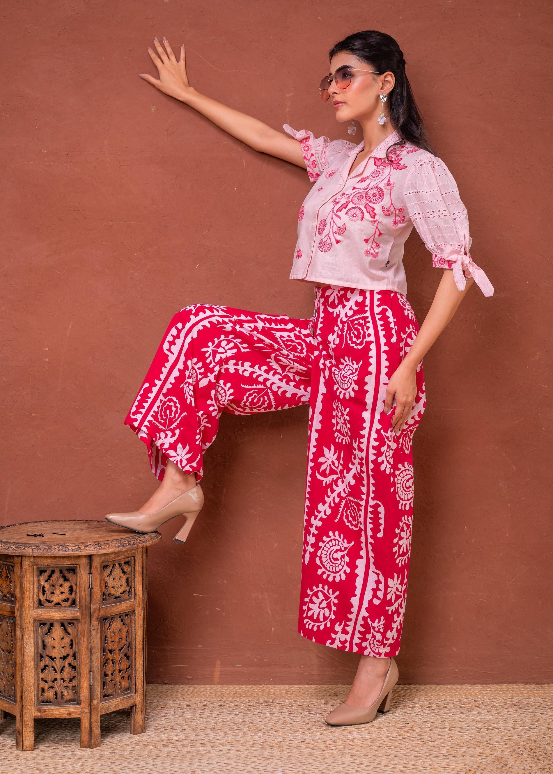 Juniper Embroidered Co-Ord Set With Eyelet Shirt And Printed Wide-Leg Pants | Grocsy