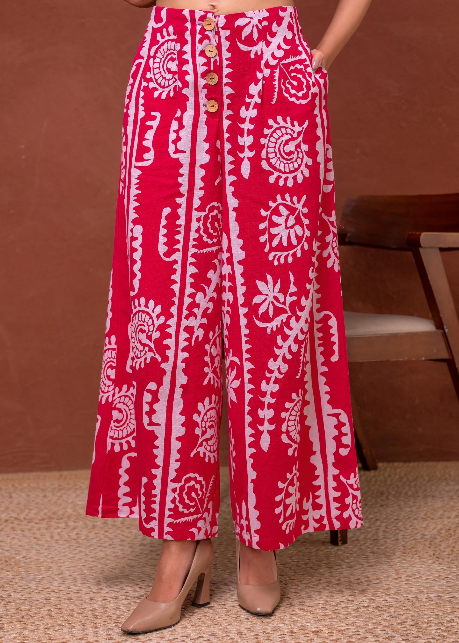 Juniper Embroidered Co-Ord Set With Eyelet Shirt And Printed Wide-Leg Pants | Grocsy