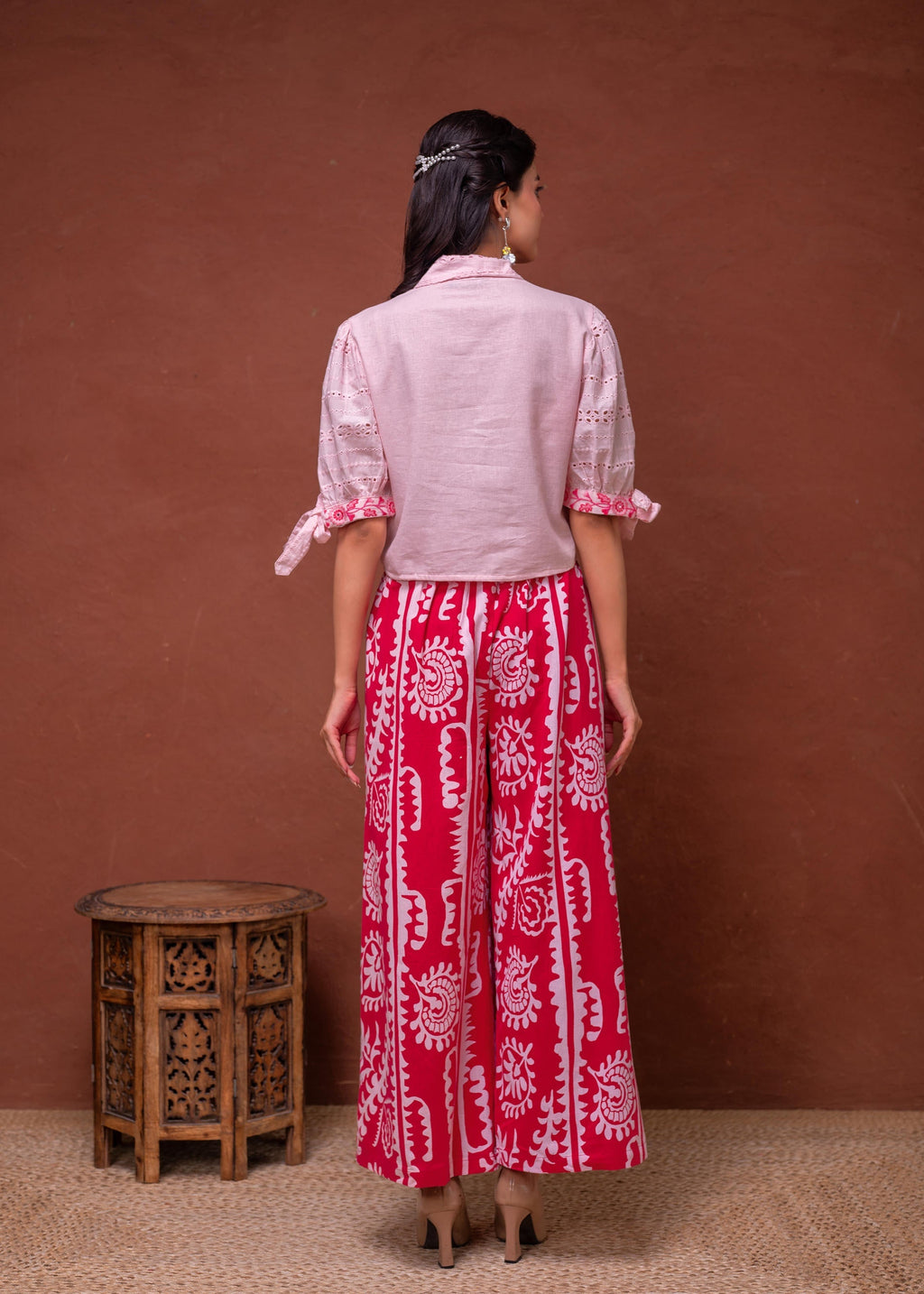 Juniper Embroidered Co-Ord Set With Eyelet Shirt And Printed Wide-Leg Pants | Grocsy