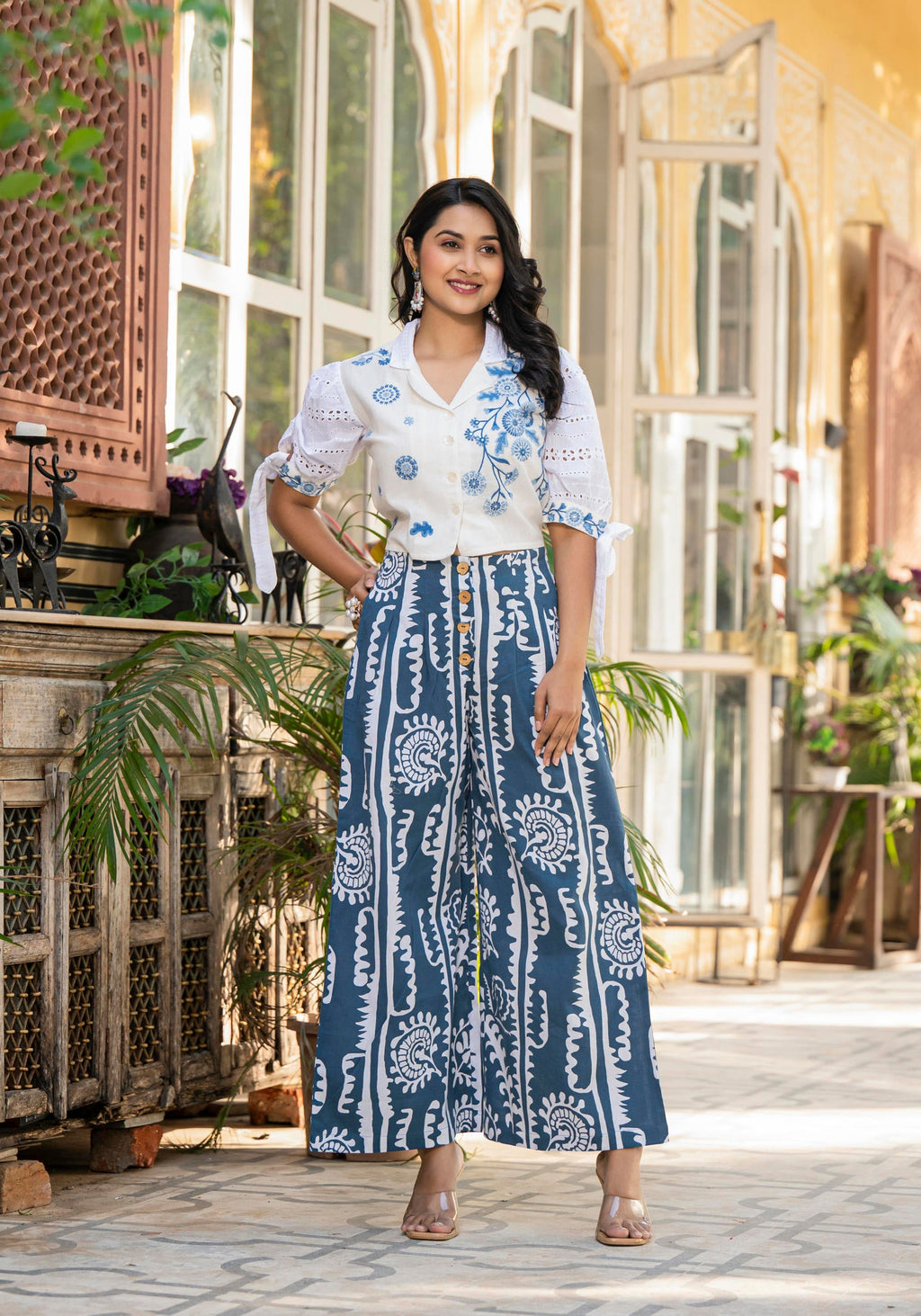 Juniper Embroidered Co-ord Set with Eyelet Shirt and Printed Wide-Leg Pants | Grocsy