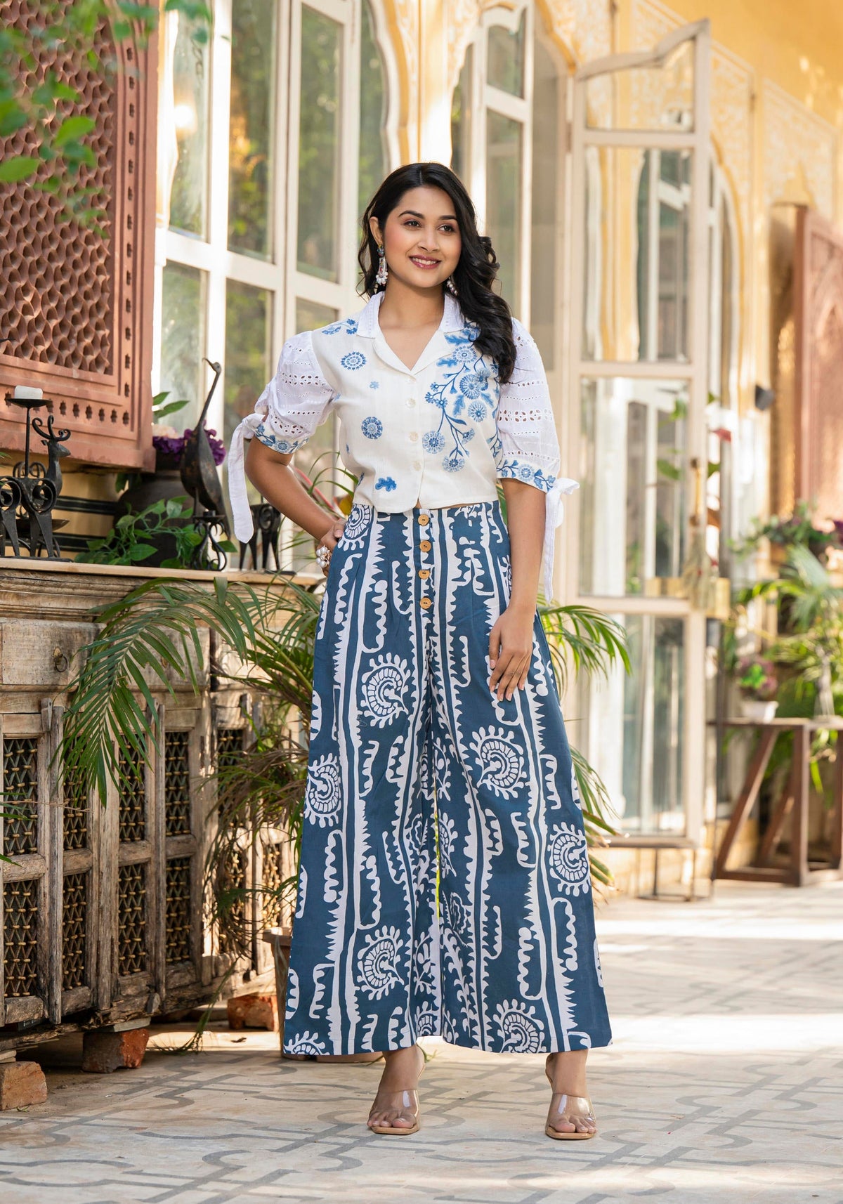 Juniper Embroidered Co-ord Set with Eyelet Shirt and Printed Wide-Leg Pants | Grocsy