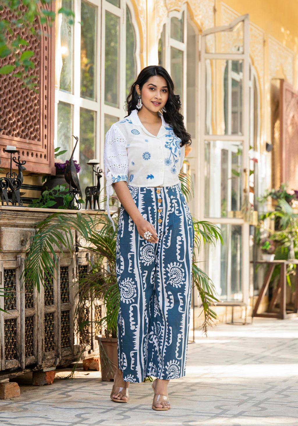 Juniper Embroidered Co-ord Set with Eyelet Shirt and Printed Wide-Leg Pants | Grocsy