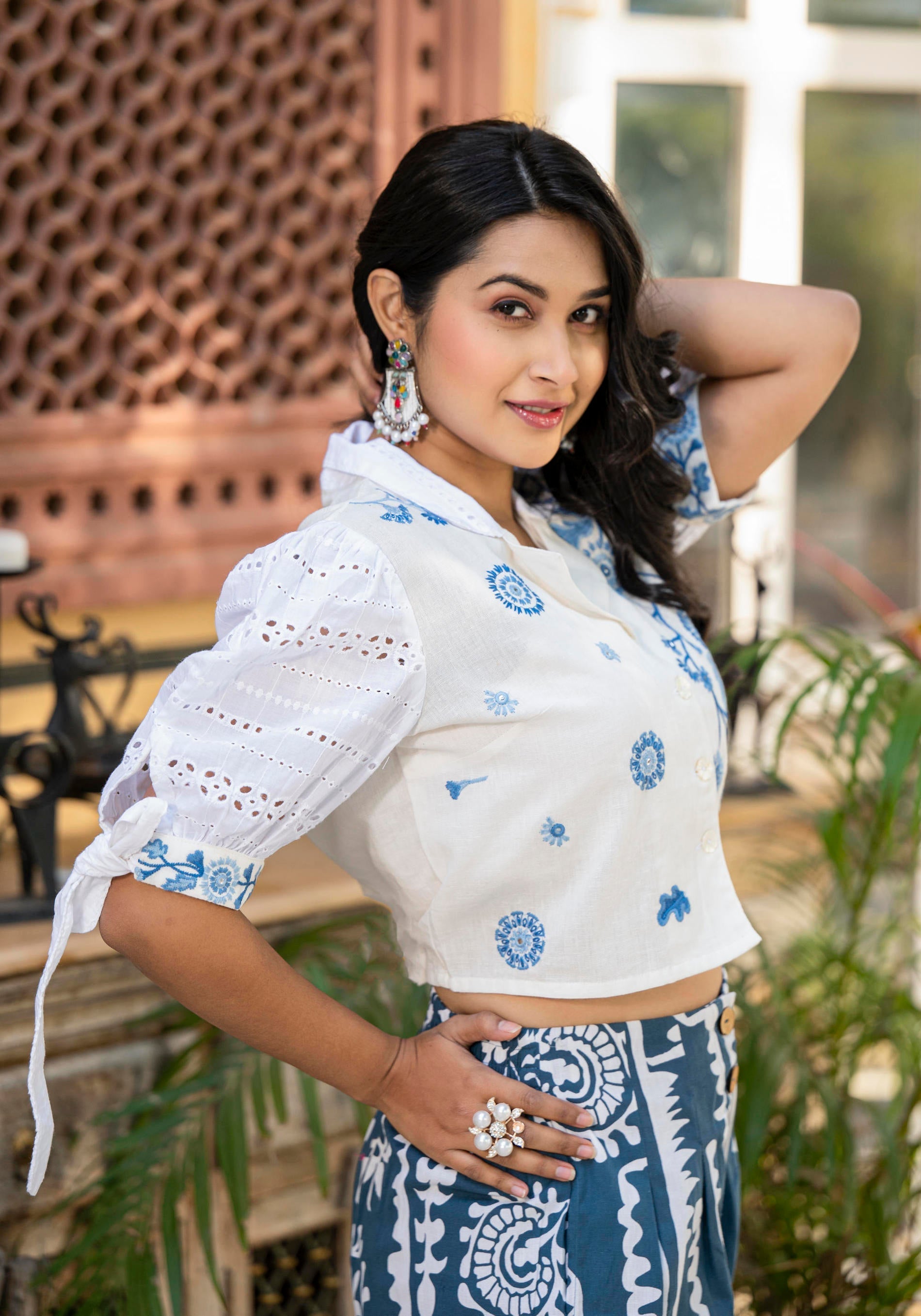 Juniper Embroidered Co-ord Set with Eyelet Shirt and Printed Wide-Leg Pants | Grocsy