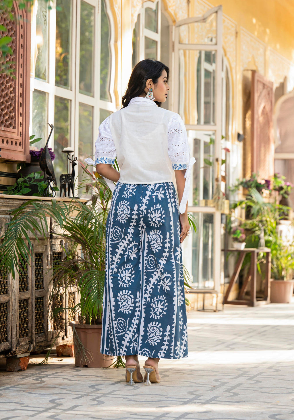 Juniper Embroidered Co-ord Set with Eyelet Shirt and Printed Wide-Leg Pants | Grocsy
