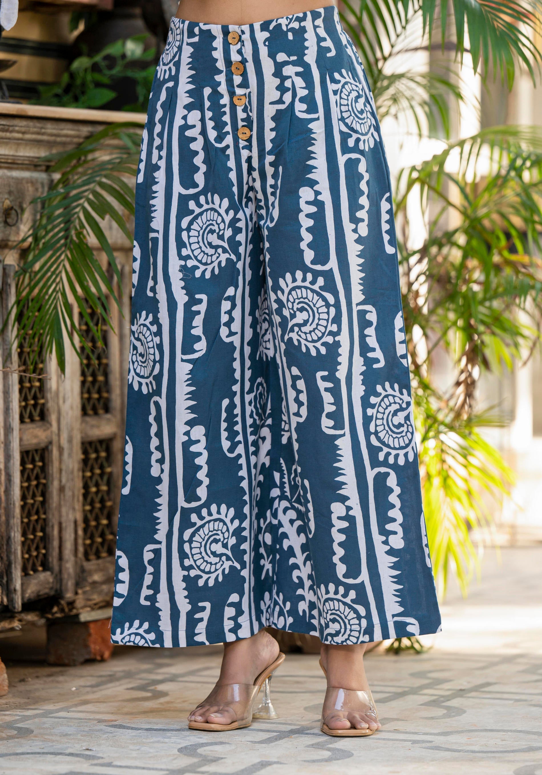 Juniper Embroidered Co-ord Set with Eyelet Shirt and Printed Wide-Leg Pants | Grocsy
