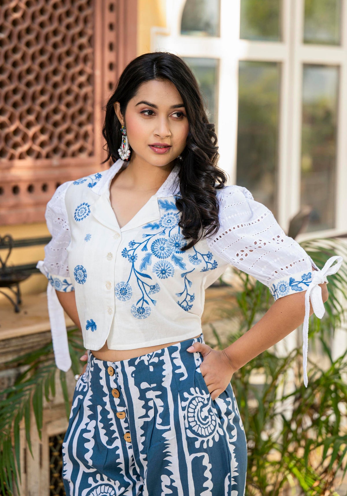 Juniper Embroidered Co-ord Set with Eyelet Shirt and Printed Wide-Leg Pants | Grocsy