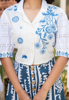 Juniper Embroidered Co-ord Set with Eyelet Shirt and Printed Wide-Leg Pants | Grocsy