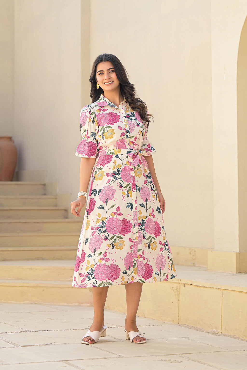 Juniper Women's Pink Floral Printed Cotton Long Dress With Belt | Grocsy