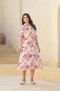 Juniper Pink Floral Printed Cotton Long Dress With Belt | Grocsy