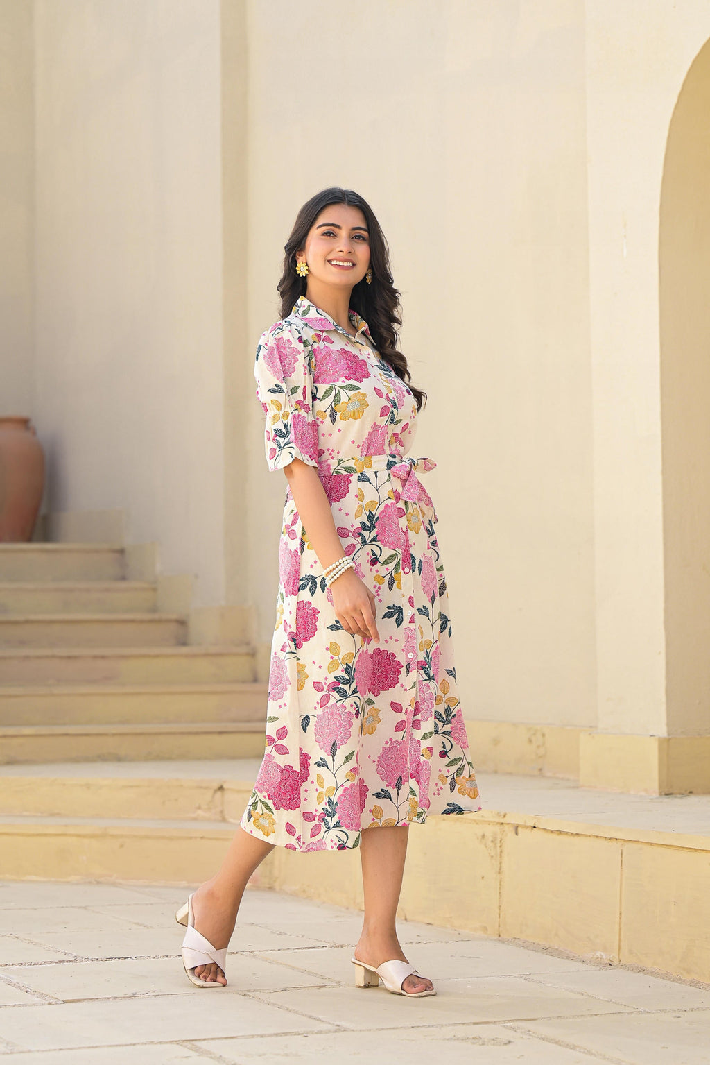 Juniper Women's Pink Floral Printed Cotton Long Dress With Belt | Grocsy