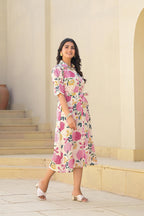 Juniper Pink Floral Printed Cotton Long Dress With Belt | Grocsy