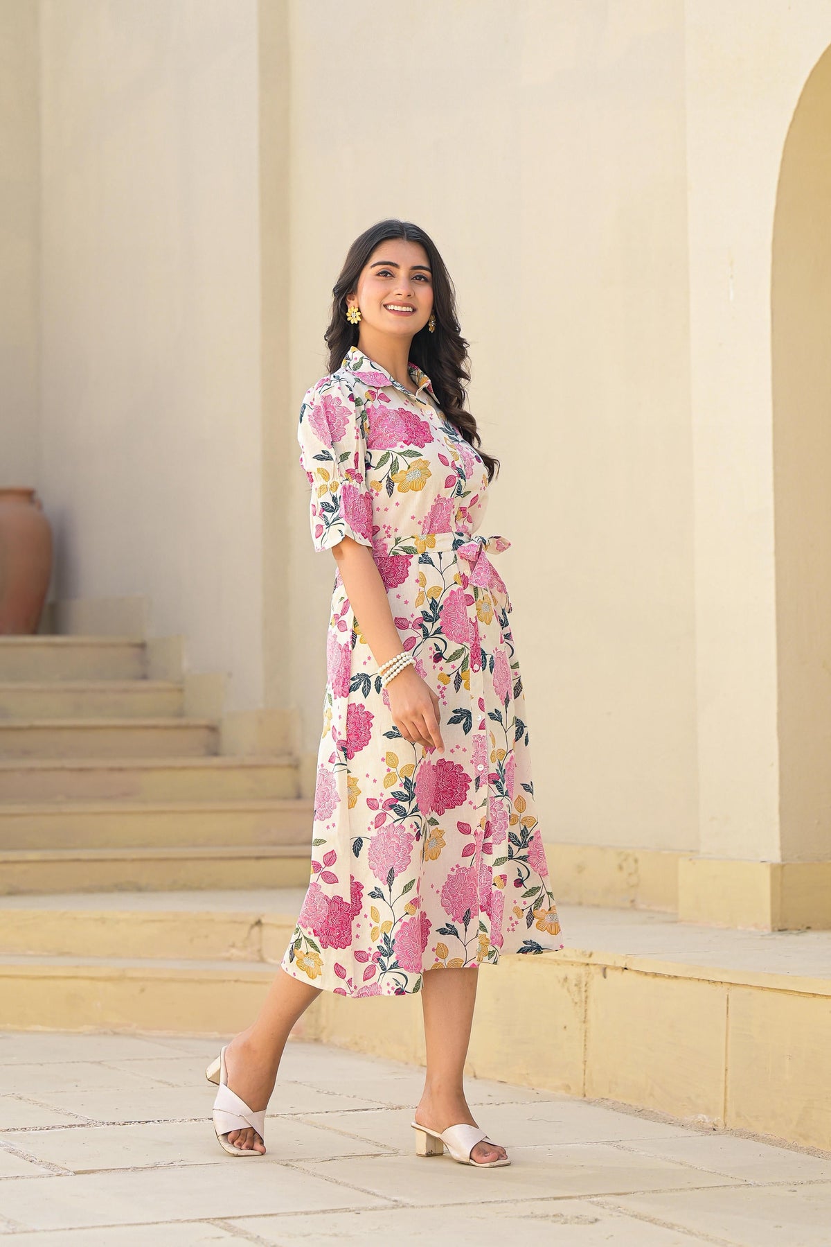 Juniper Pink Floral Printed Cotton Long Dress With Belt | Grocsy