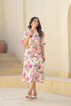 Juniper Pink Floral Printed Cotton Long Dress With Belt | Grocsy