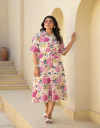 Juniper Women's Pink Floral Printed Cotton Long Dress With Belt | Grocsy