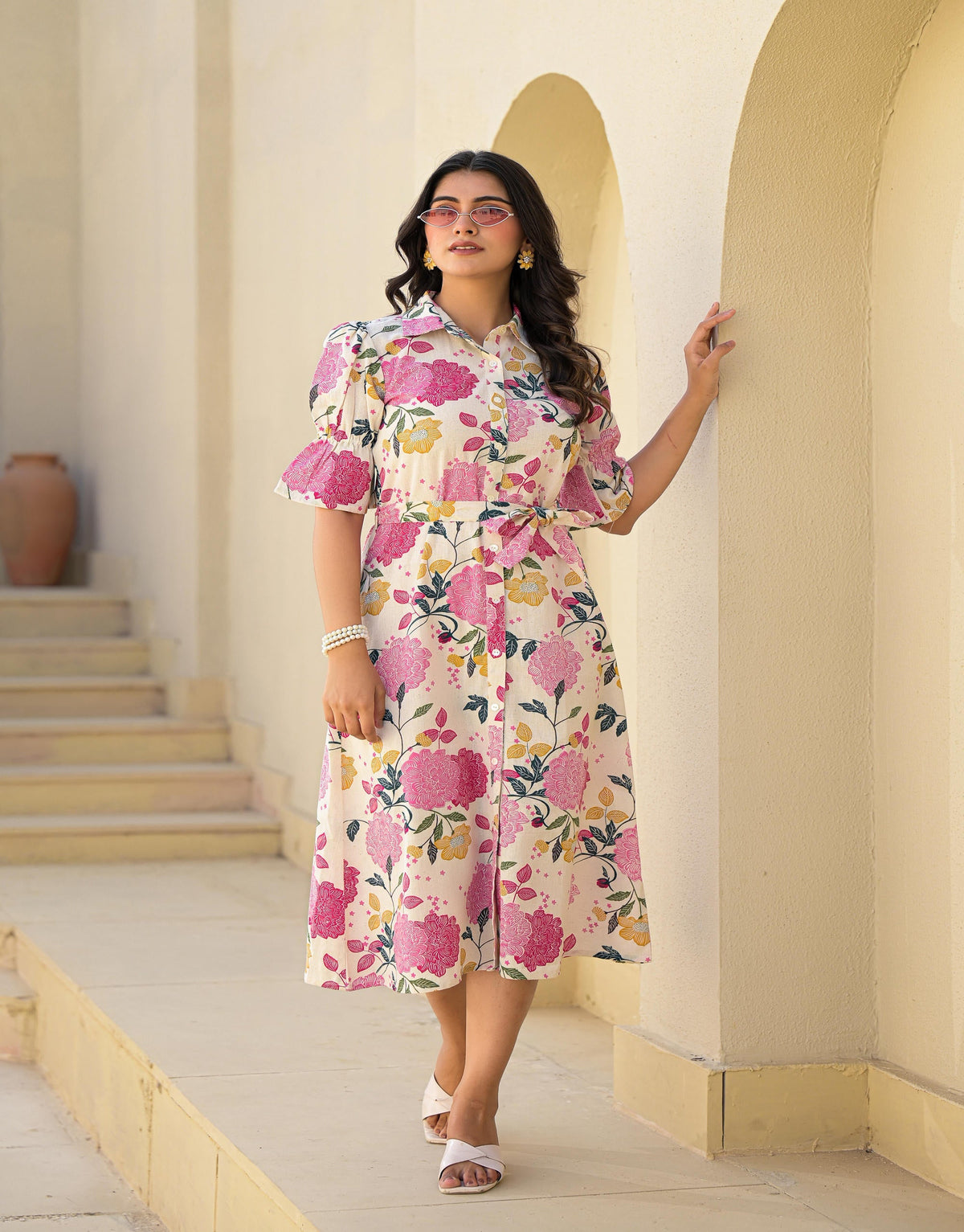 Juniper Women's Pink Floral Printed Cotton Long Dress With Belt | Grocsy