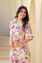Juniper Women's Pink Floral Printed Cotton Long Dress With Belt | Grocsy