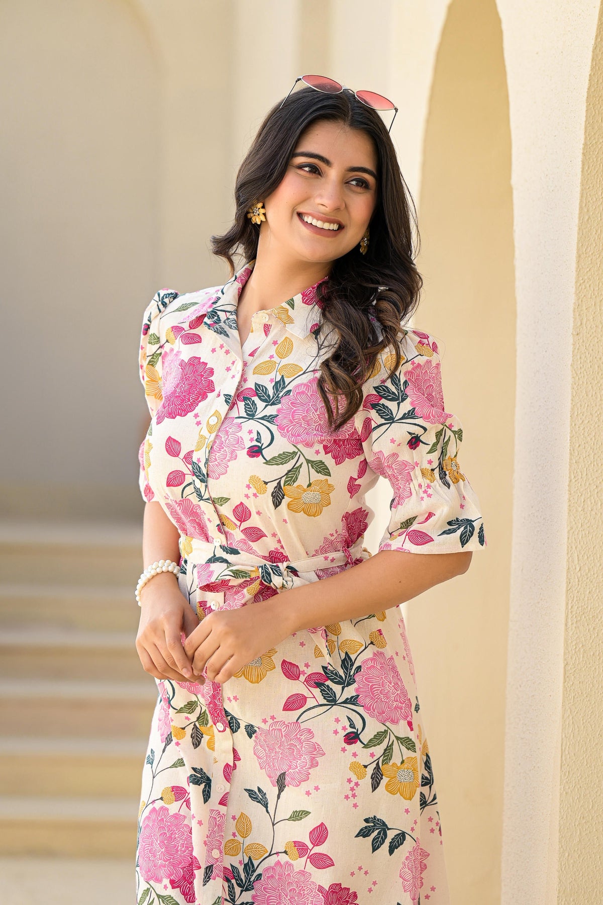 Juniper Women's Pink Floral Printed Cotton Long Dress With Belt | Grocsy