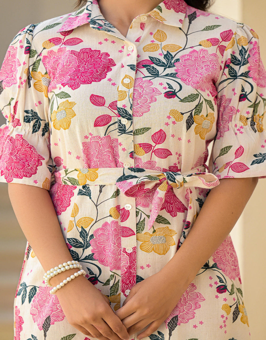 Juniper Women's Pink Floral Printed Cotton Long Dress With Belt | Grocsy