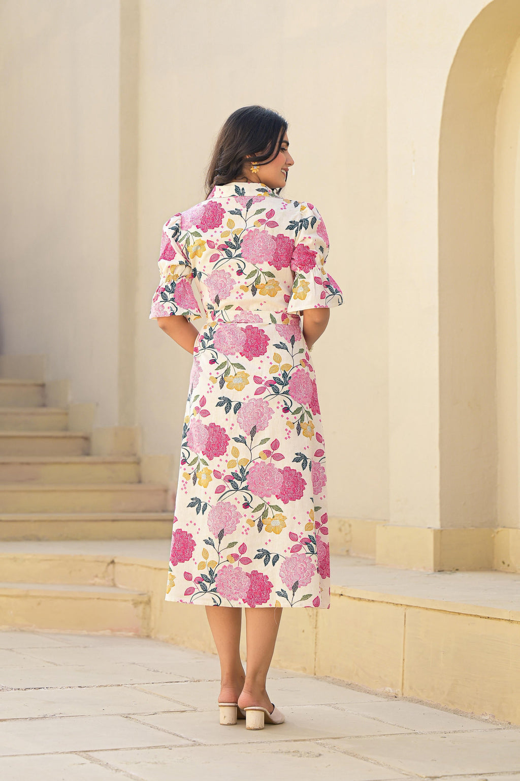Juniper Women's Pink Floral Printed Cotton Long Dress With Belt | Grocsy