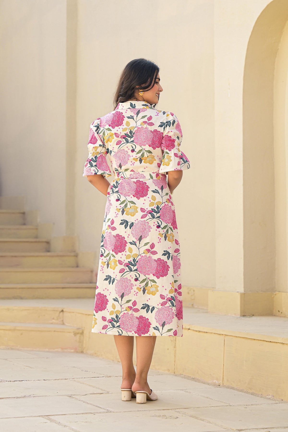 Juniper Women's Pink Floral Printed Cotton Long Dress With Belt | Grocsy