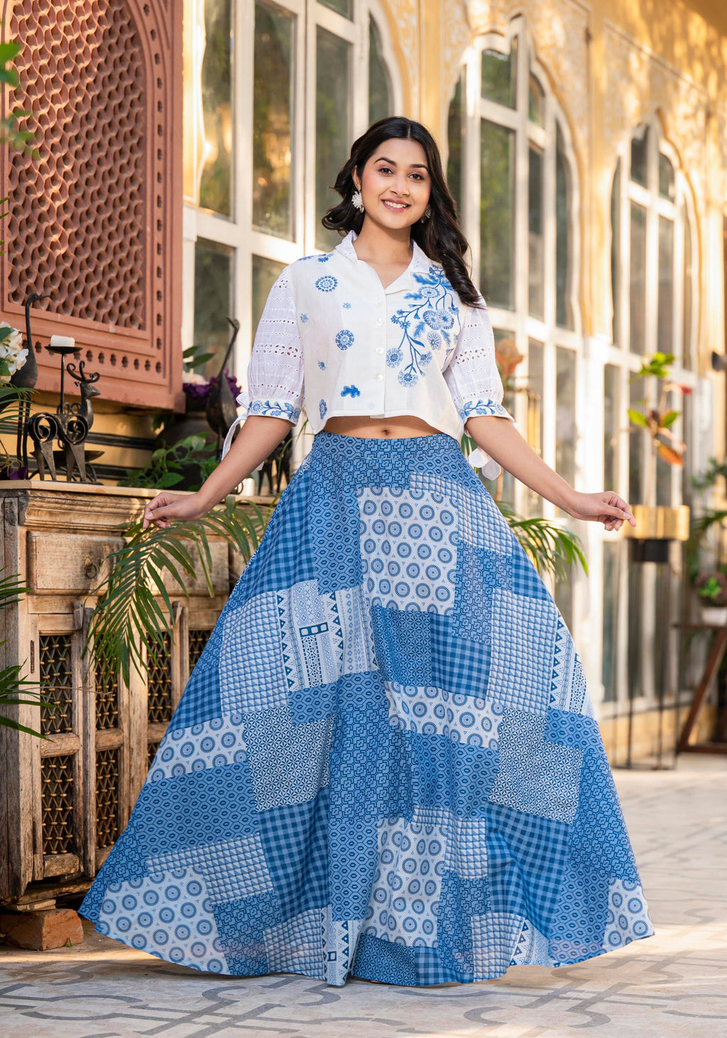 Juniper Blue Geometric Printed Cotton Top & Skirt With Thread Work | Grocsy