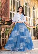 Juniper Blue Geometric Printed Cotton Top & Skirt With Thread Work | Grocsy