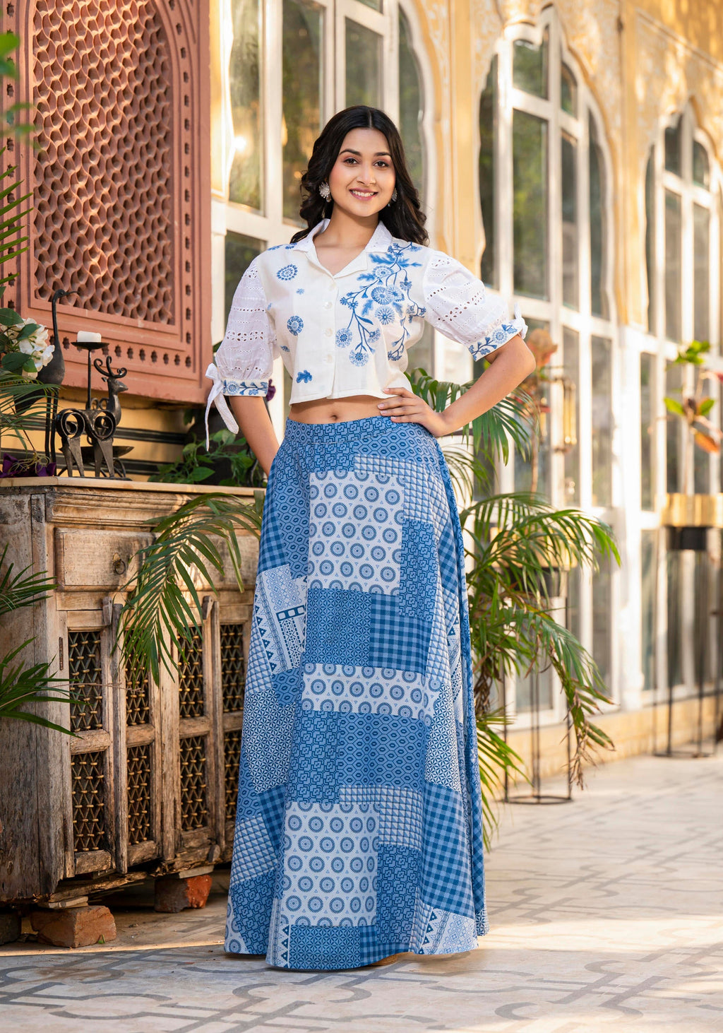 Juniper Blue Geometric Printed Cotton Top & Skirt With Thread Work | Grocsy