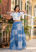 Juniper Blue Geometric Printed Cotton Top & Skirt With Thread Work | Grocsy