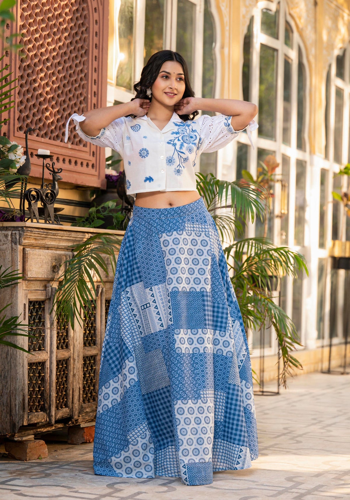 Juniper Blue Geometric Printed Cotton Top & Skirt With Thread Work | Grocsy