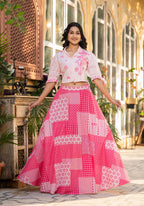 Juniper Pink Geometric Printed Cotton Top & Skirt With Thread Work | Grocsy