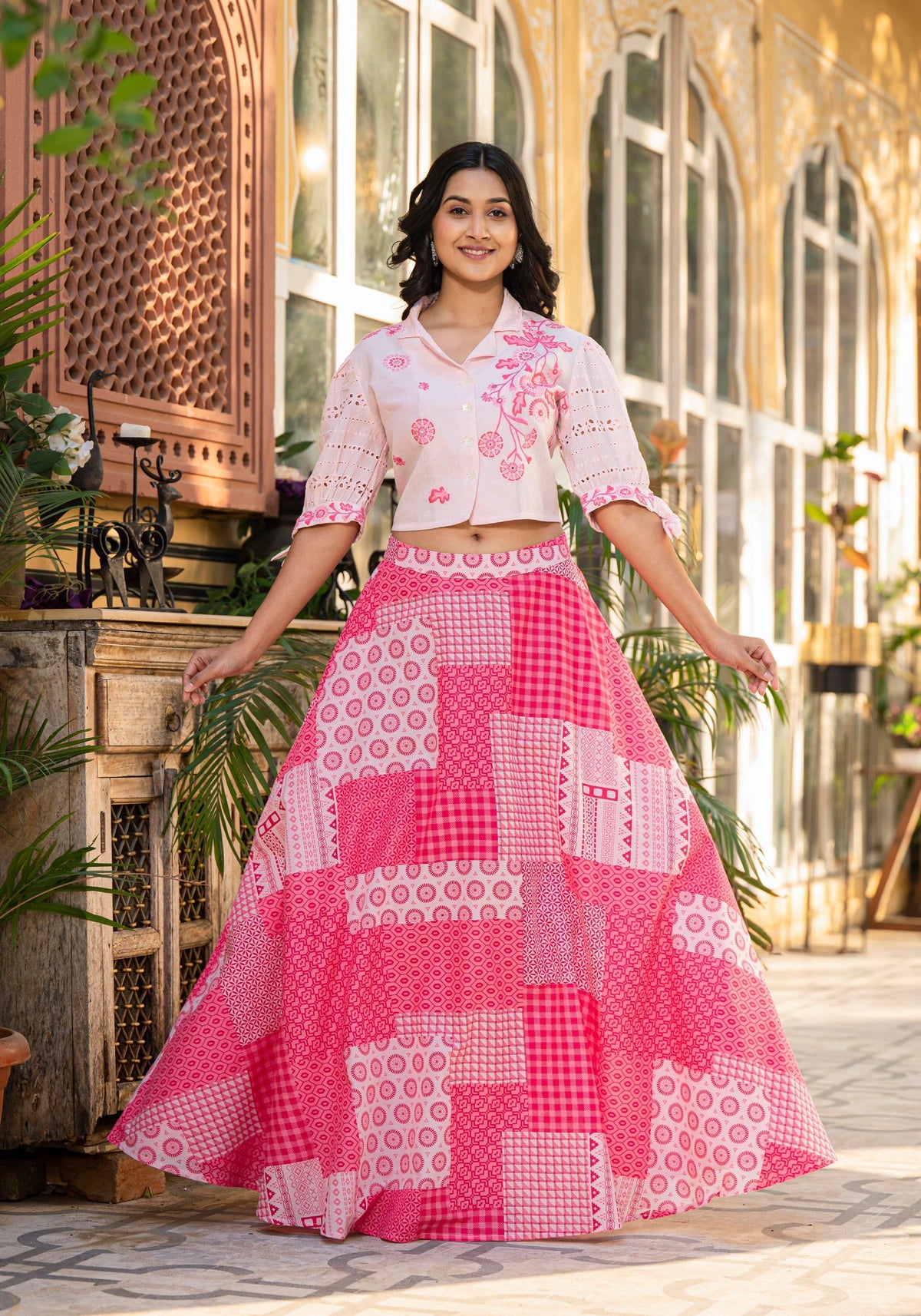 Juniper Pink Geometric Printed Cotton Top & Skirt With Thread Work | Grocsy