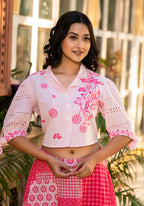 Juniper Pink Geometric Printed Cotton Top & Skirt With Thread Work | Grocsy