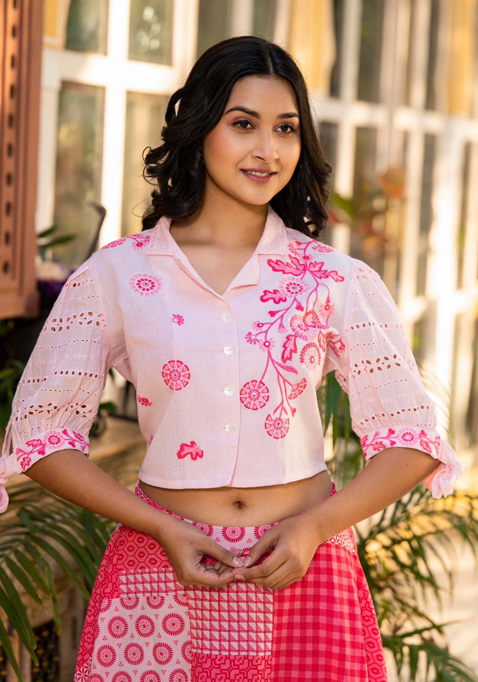 Juniper Pink Geometric Printed Cotton Top & Skirt With Thread Work | Grocsy