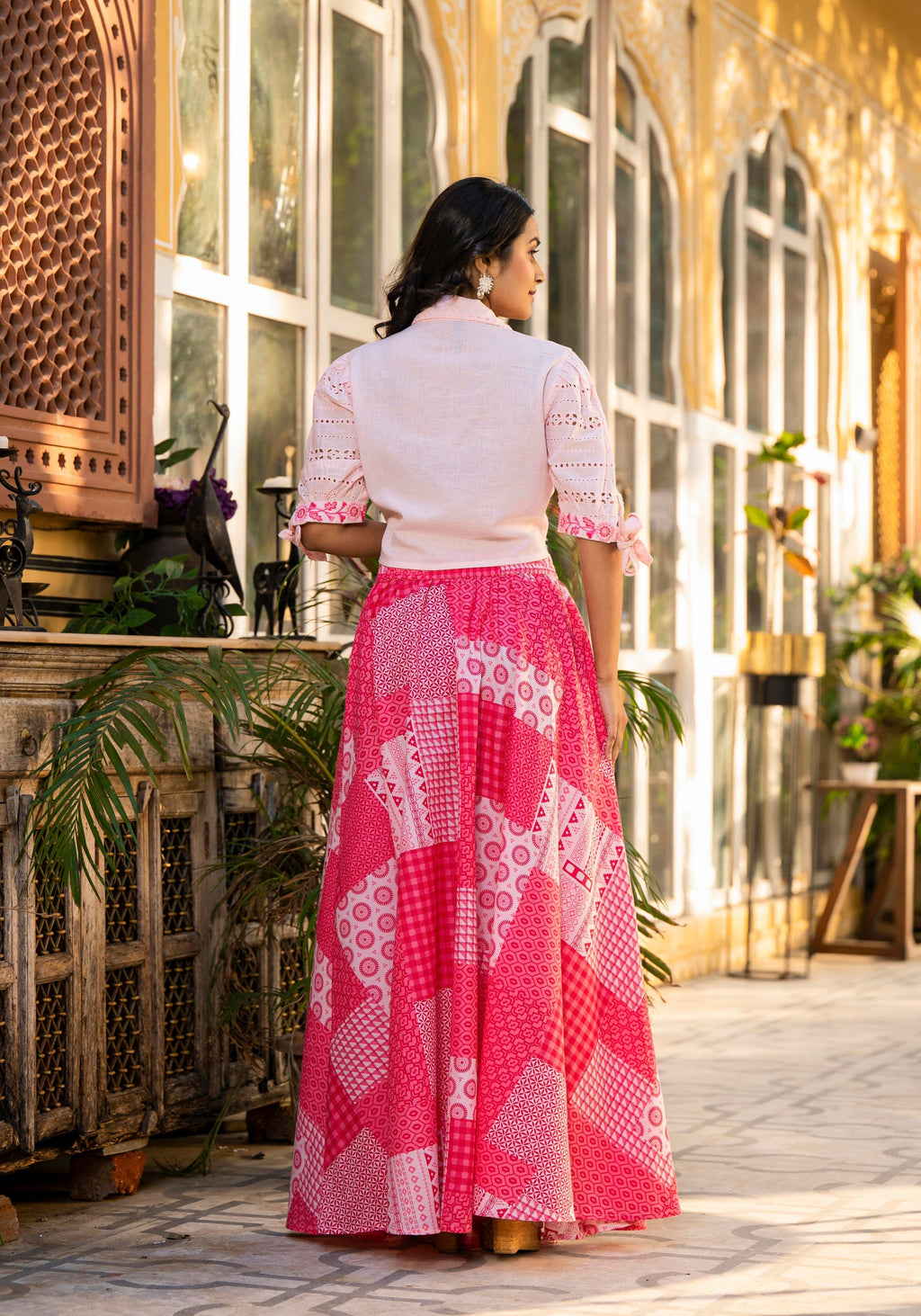 Juniper Pink Geometric Printed Cotton Top & Skirt With Thread Work | Grocsy
