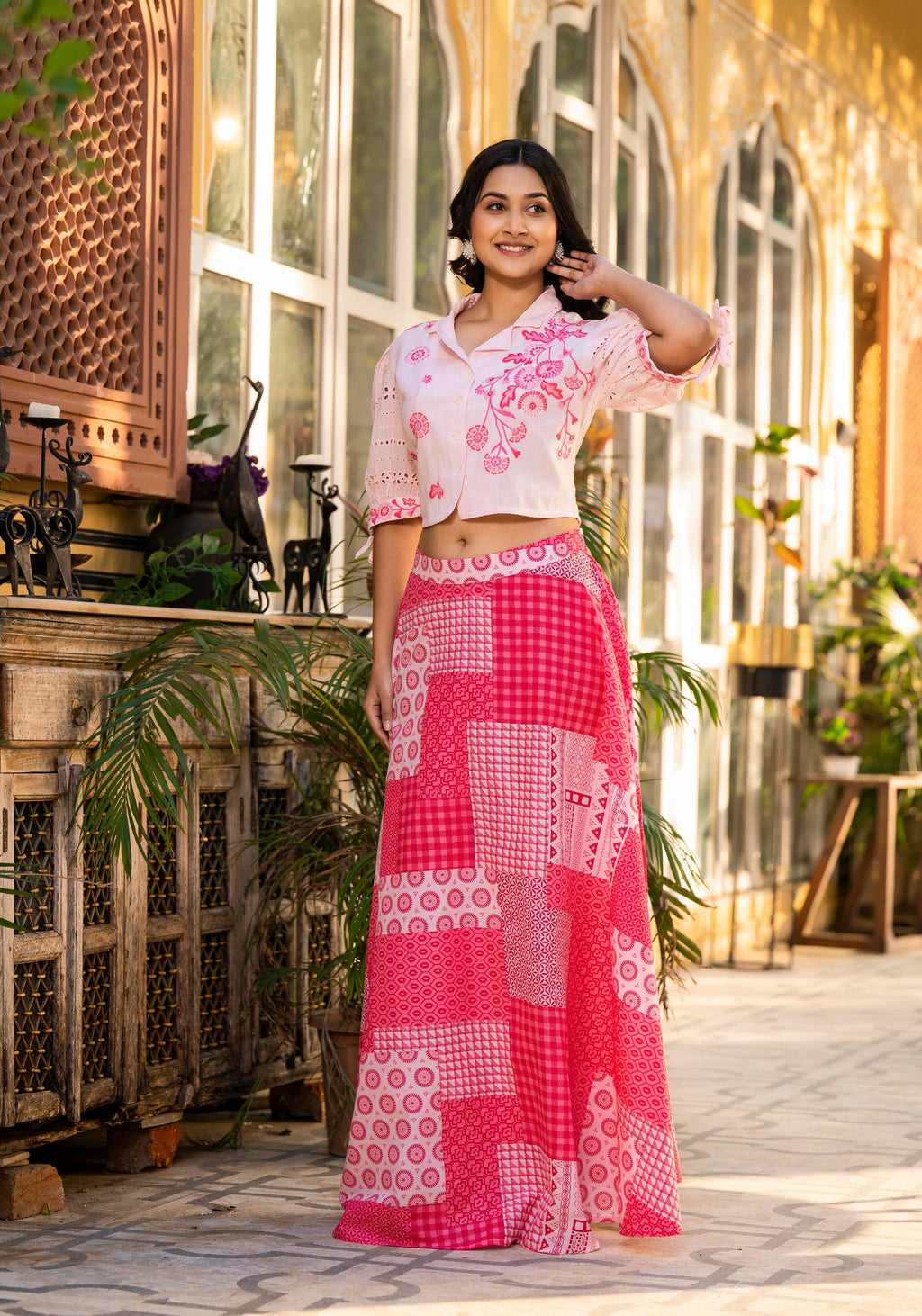 Juniper Pink Geometric Printed Cotton Top & Skirt With Thread Work | Grocsy