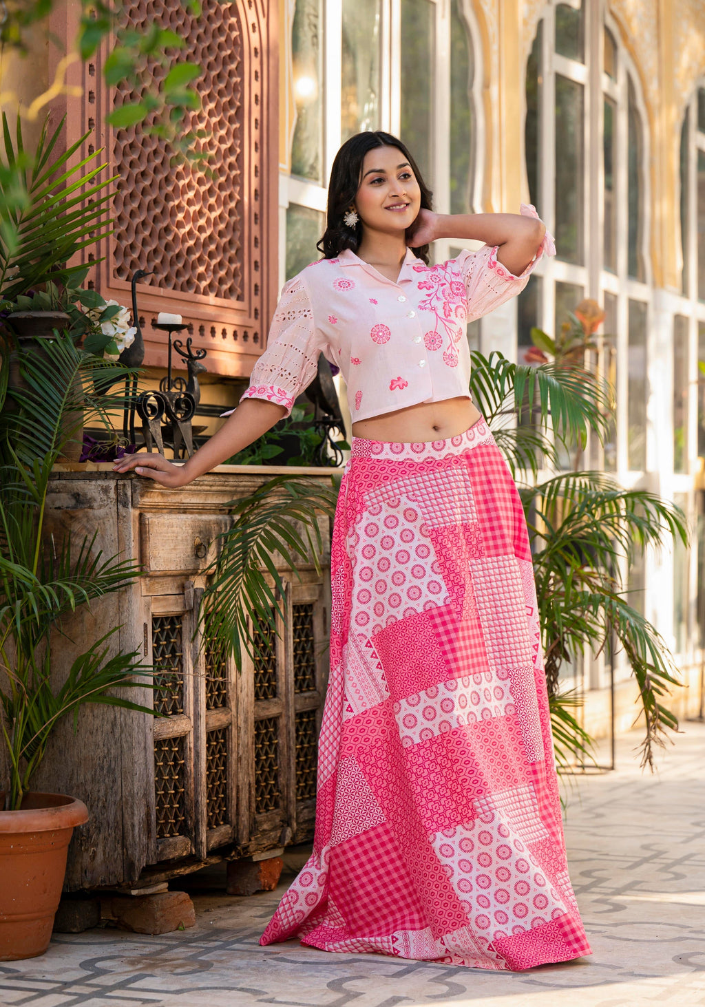 Juniper Pink Geometric Printed Cotton Top & Skirt With Thread Work | Grocsy