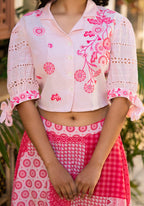 Juniper Pink Geometric Printed Cotton Top & Skirt With Thread Work | Grocsy