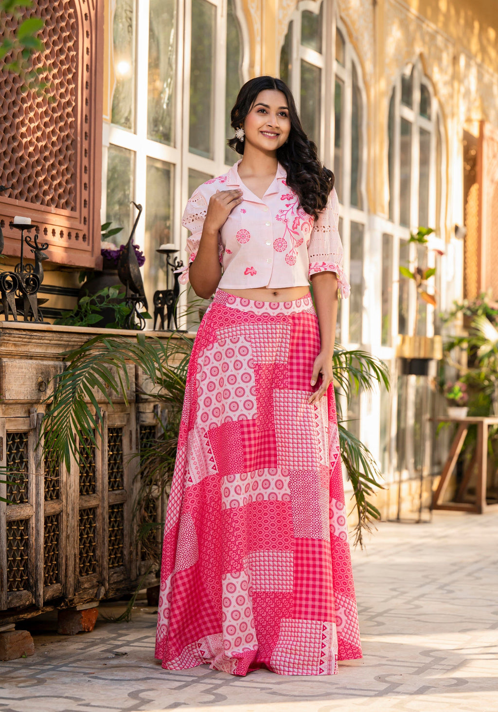 Juniper Pink Geometric Printed Cotton Top & Skirt With Thread Work | Grocsy