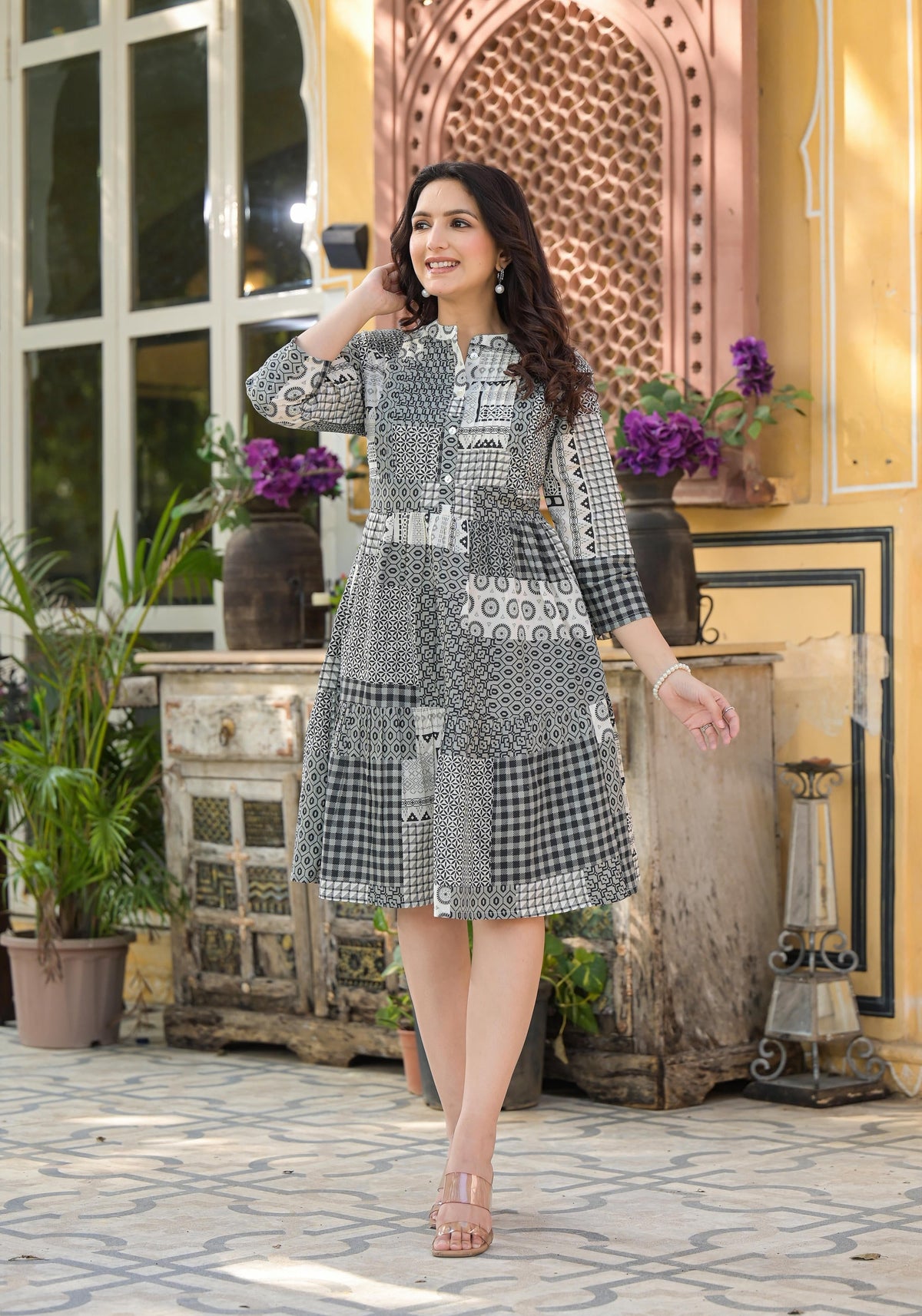 Juniper Black Geometric Printed Cotton Short Dress With Buttons | Grocsy