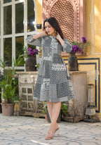 Juniper Black Geometric Printed Cotton Short Dress With Buttons | Grocsy