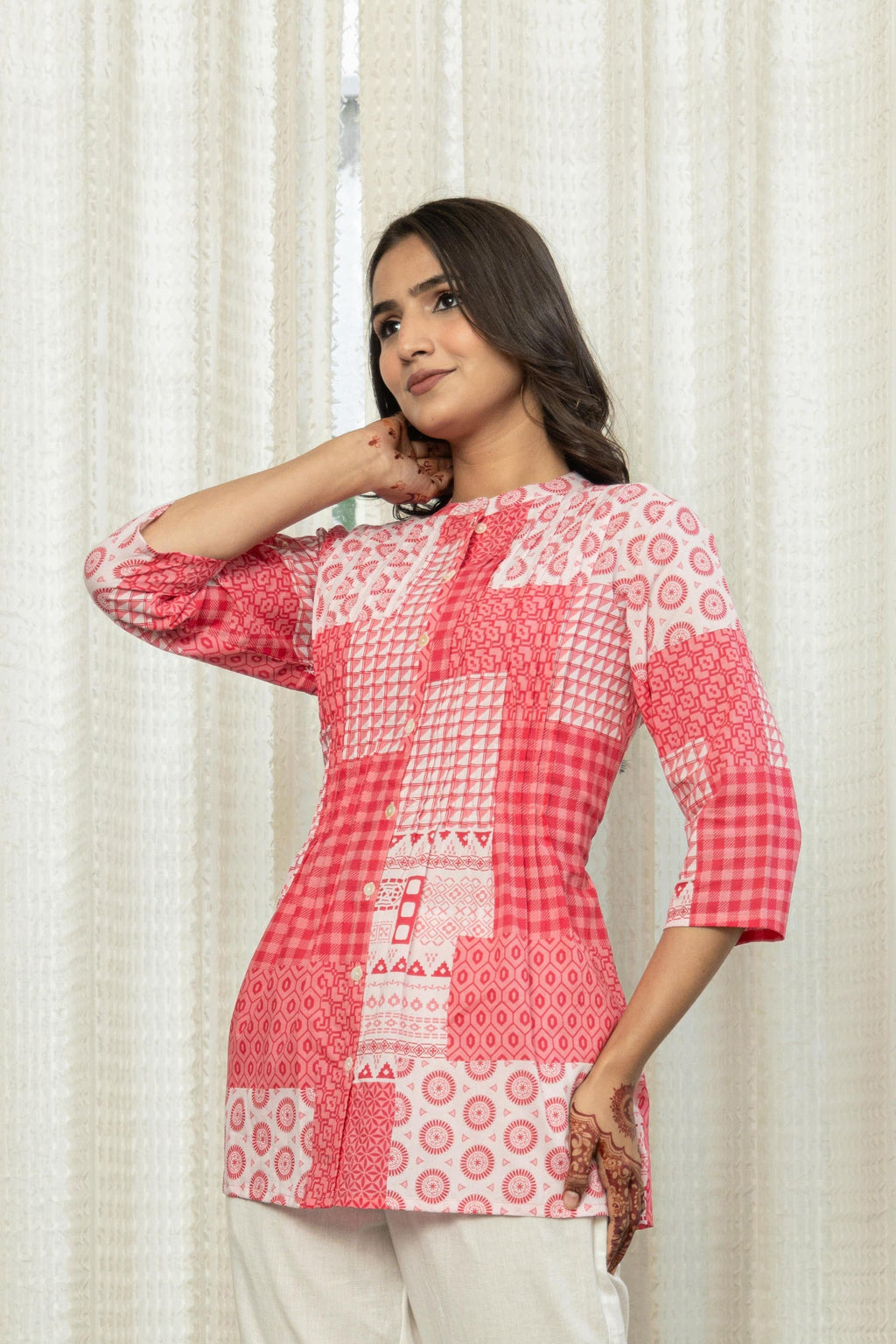 Juniper Women's Pink Geometric Printed Cotton Tunic With Buttons | Grocsy