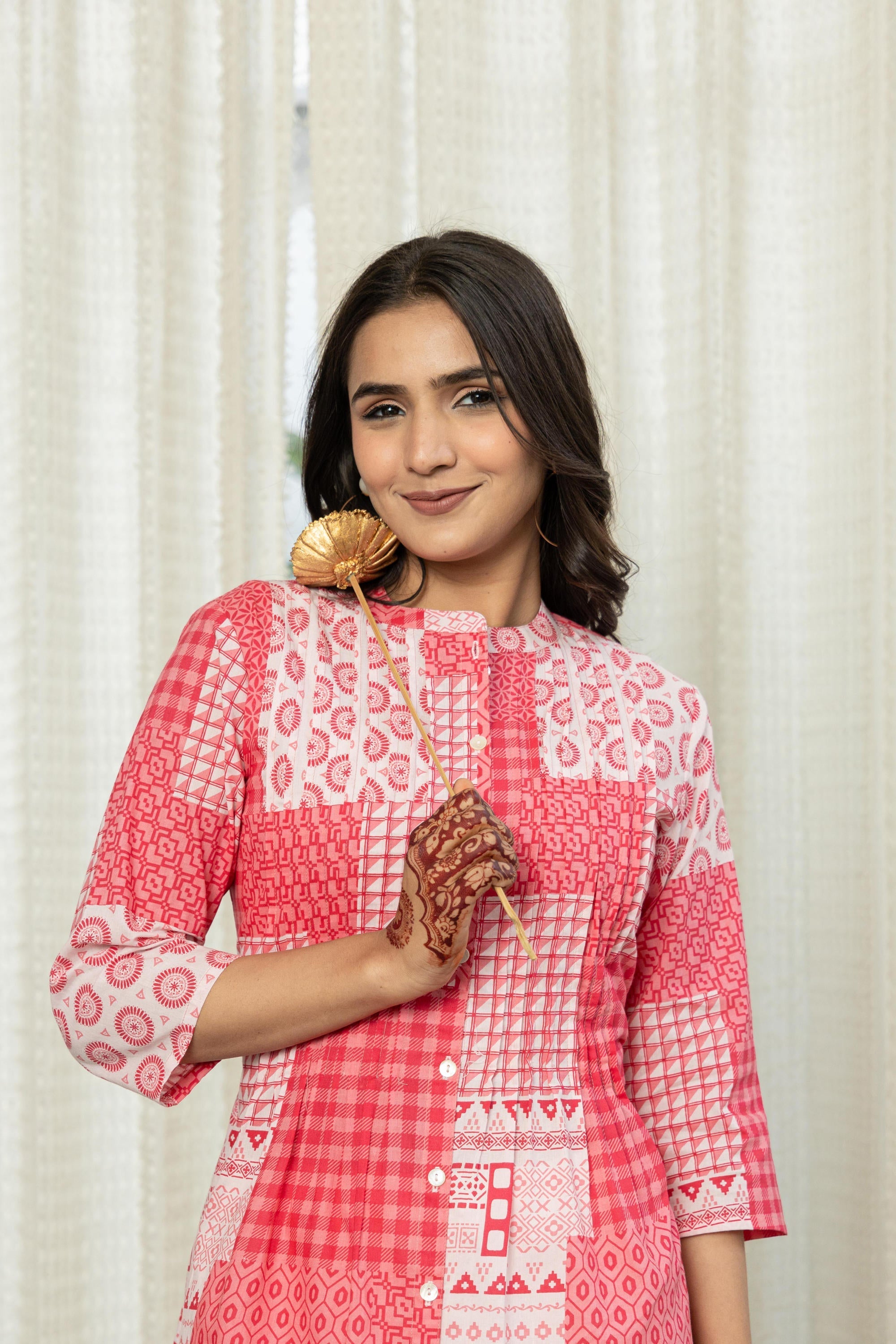 Juniper Women's Pink Geometric Printed Cotton Tunic With Buttons | Grocsy
