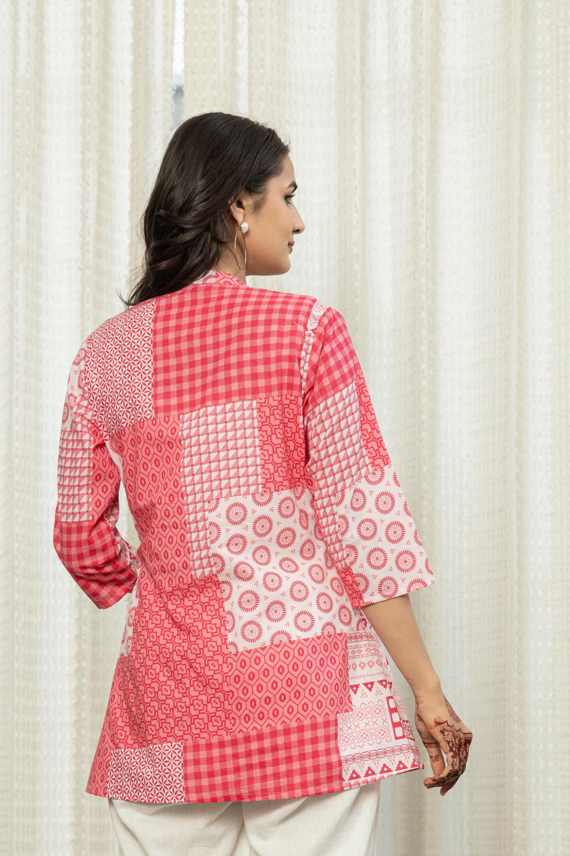 Juniper Women's Pink Geometric Printed Cotton Tunic With Buttons | Grocsy