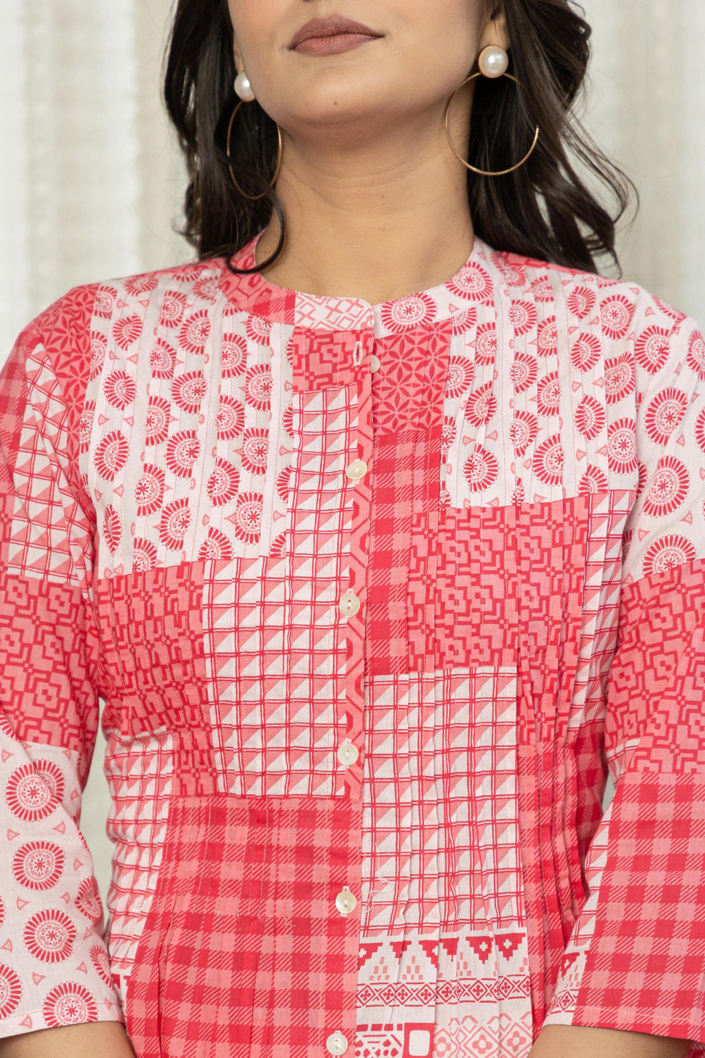 Juniper Women's Pink Geometric Printed Cotton Tunic With Buttons | Grocsy