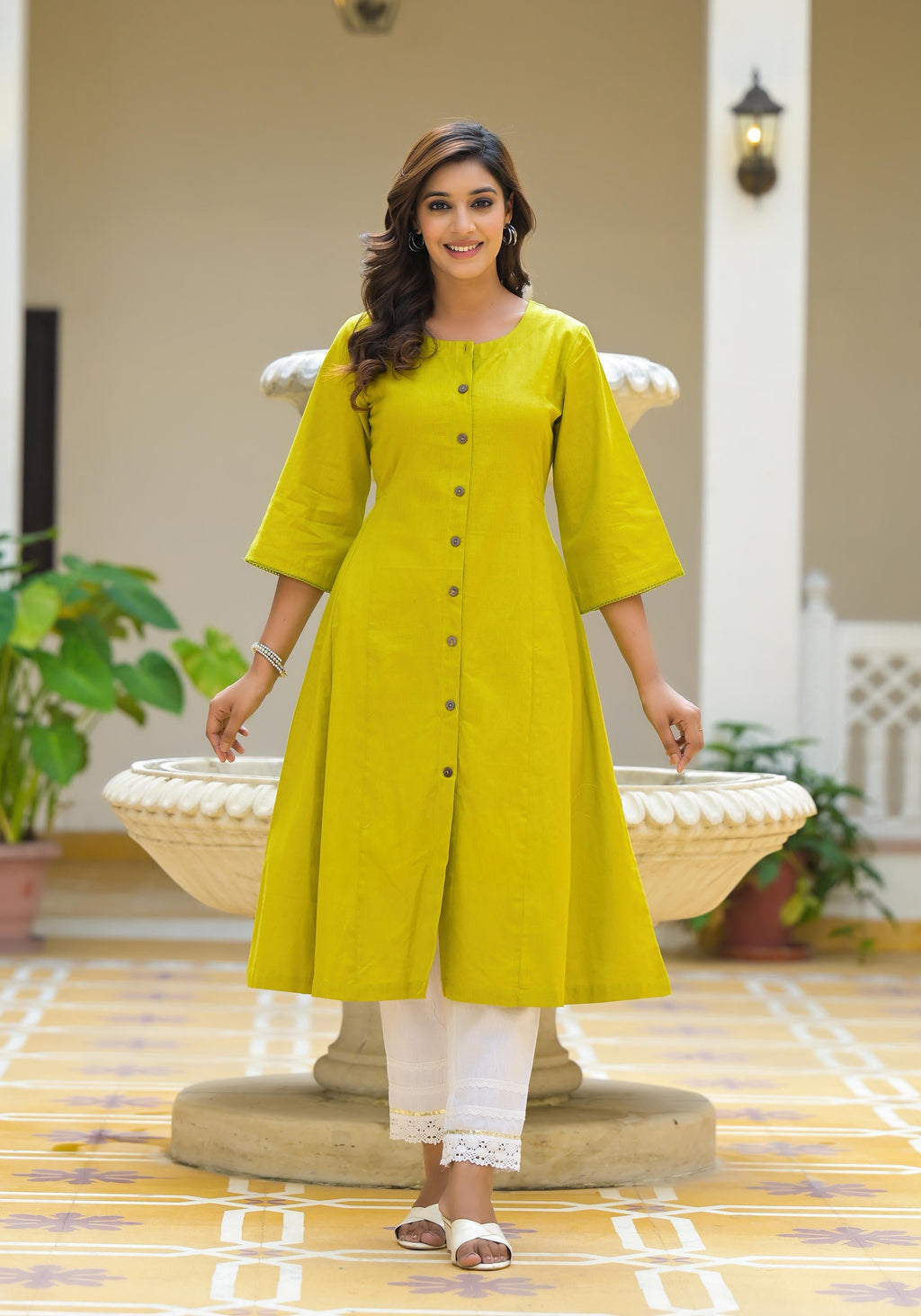 Juniper Lime Green Solid Cotton Linen Kurta With Button Closure | Grocsy