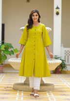 Juniper Lime Green Solid Cotton Linen Kurta With Button Closure | Grocsy