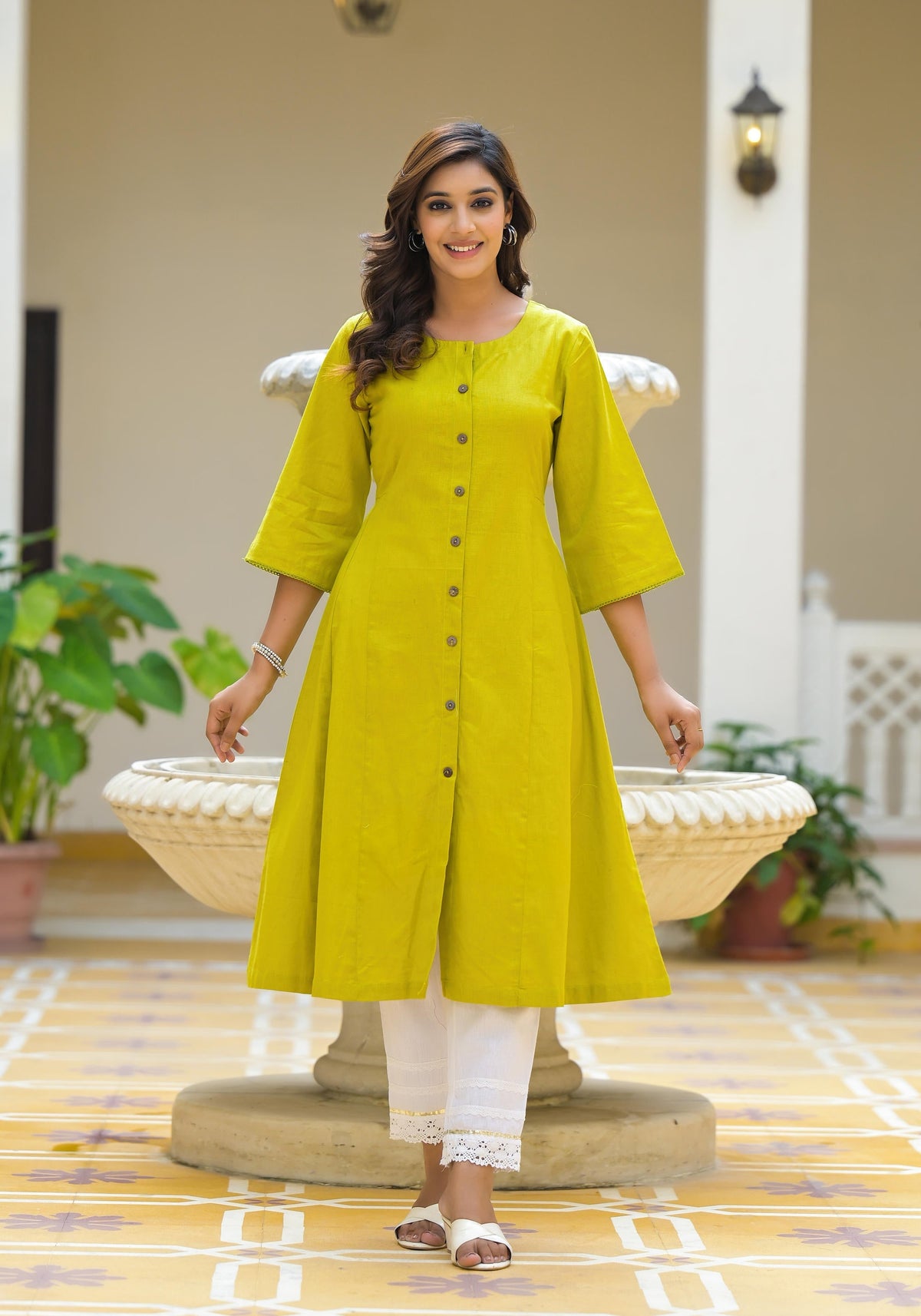 Juniper Lime Green Solid Cotton Linen Kurta With Button Closure | Grocsy