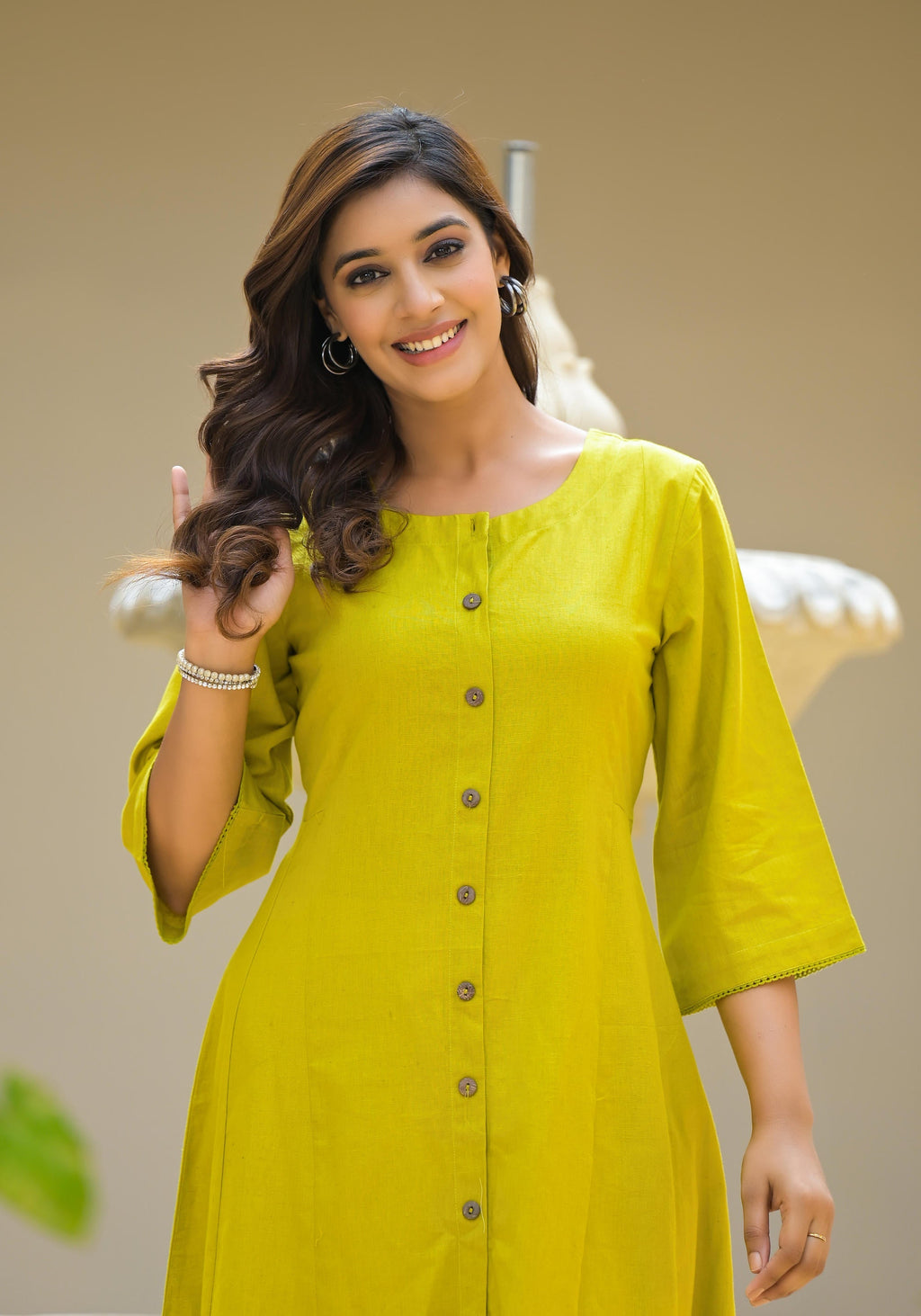 Juniper Lime Green Solid Cotton Linen Kurta With Button Closure | Grocsy